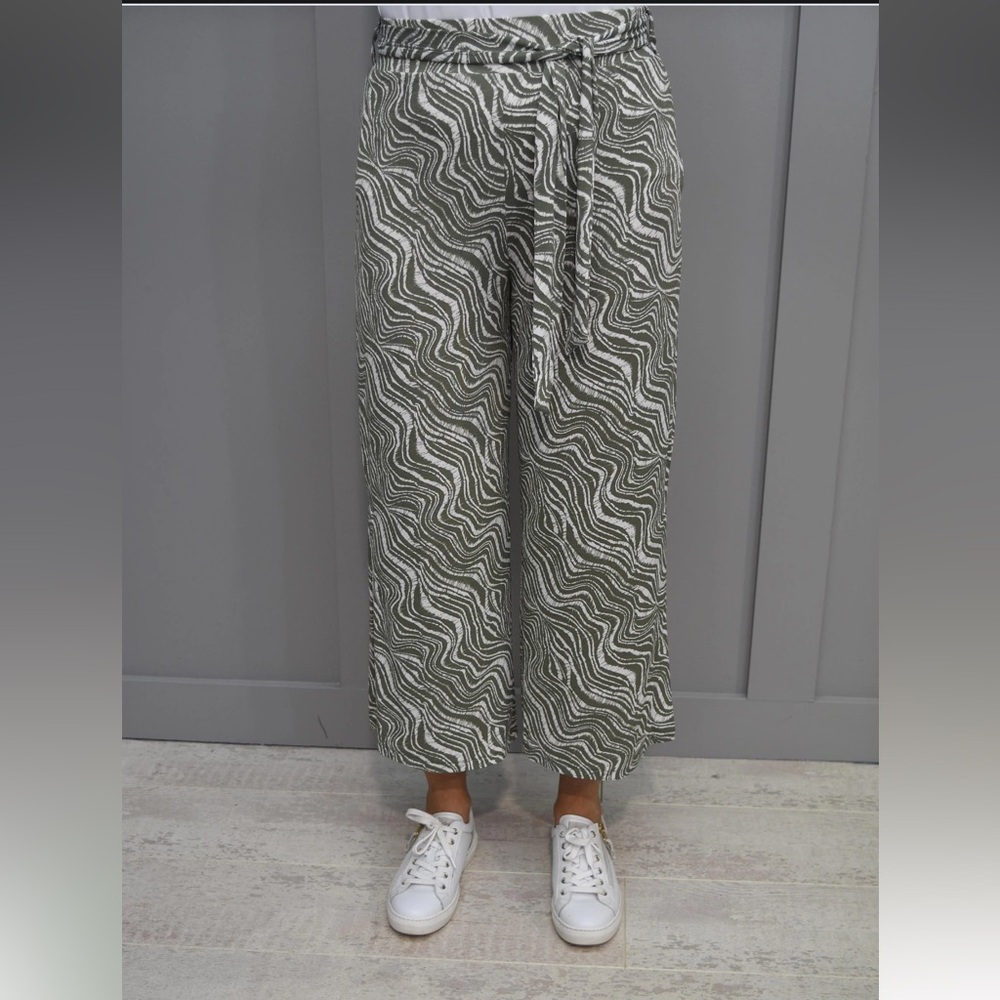 New Marble Khaki And White Swirl Culotte Trouser Pants With‎ Tie Belt